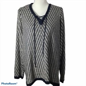 Sunday Navy Ivory Tie V Neck Loose Knit Sweater 3X